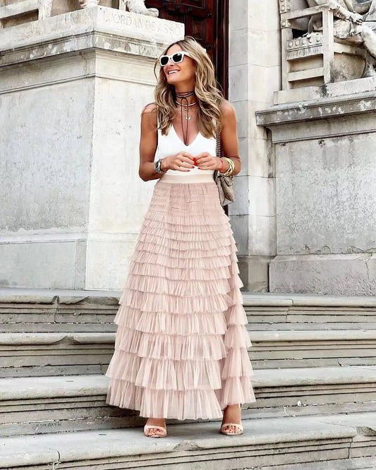 2024 New Casual Womens Solid Ball Gown Long Skirt Tulle High Waist Pleated Elegant Ladies Wild Mesh Dating Maxi Skirts Drop