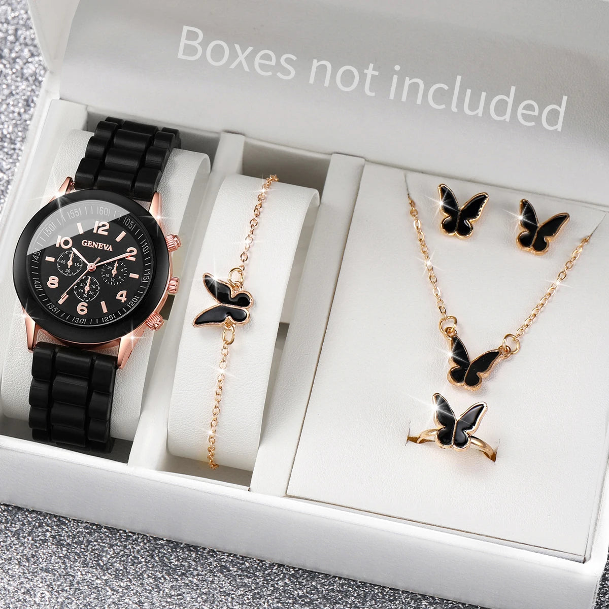 5/6PCS Women Watches Fashion Silicone Band Women Quartz Watches Jewelry Set Reloj Mujer Girls Clock Gift (Without Box)